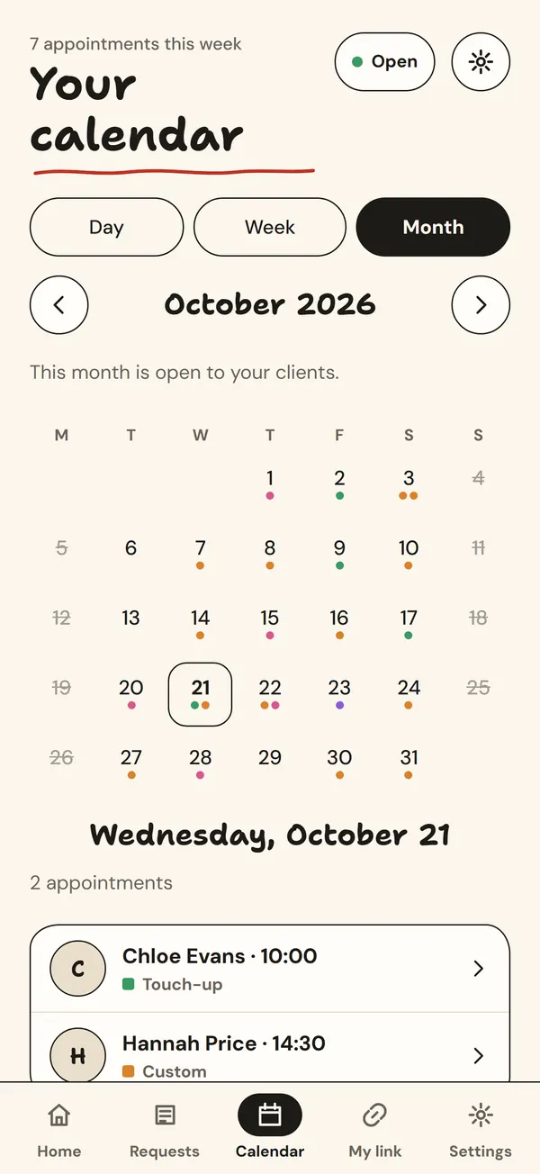 Buno Tattoo: the monthly calendar