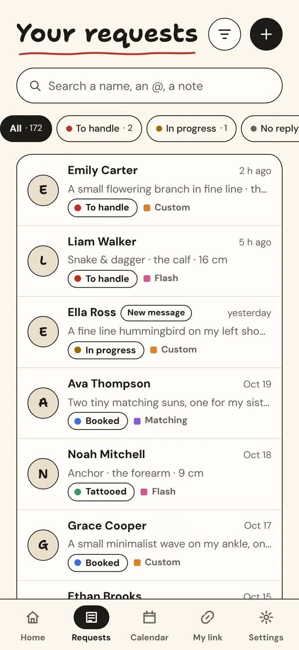 Buno Tattoo: the list of incoming requests